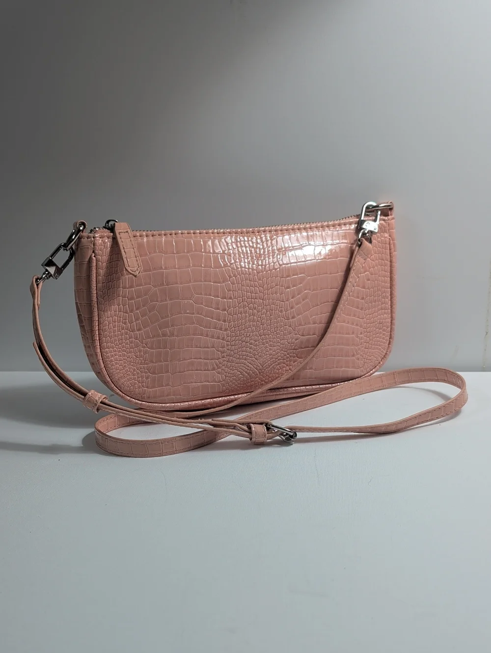 Light Pink Croc-Embossed Baguette Shoulder Bag Crossbody